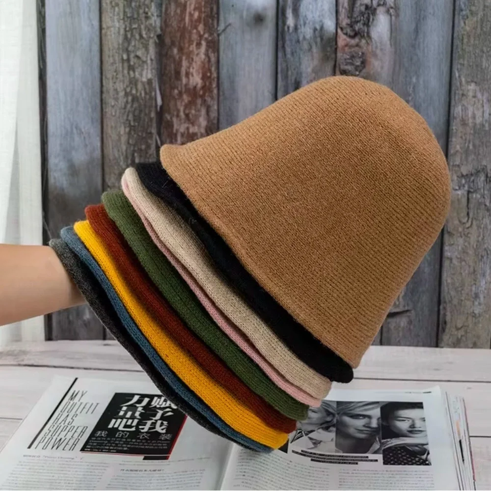 Women Wool Mix Solid Color Round Top Knitted Bucket Hat